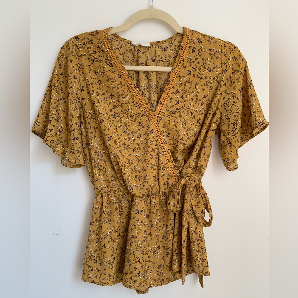 Sienna Sky Mustard Yellow Tie Peplum Blouse - Size Small